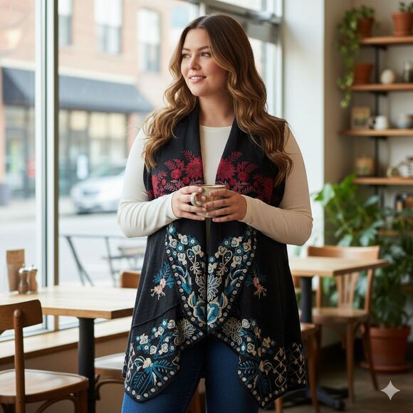 Coldwater Creek 2X Embroidered Sweater Vest Long Shawl Collar Boho Floral - Picture 1 of 12